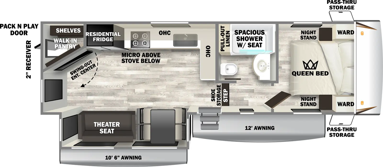 The Sabre 25RLS floorplan has one entry and one slide out. Exterior features include: fiberglass exterior and 10'6" & 12' awning. Interiors features include: front bedroom.